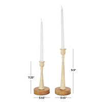 Cream Metal Textured Tapered Taper Candle Holder with Brown Wood Bases Set