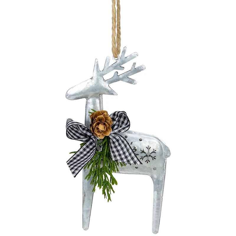 6.25" Silver Metal Reindeer Christmas Ornament with Black Gingham Bowtie & Pine
