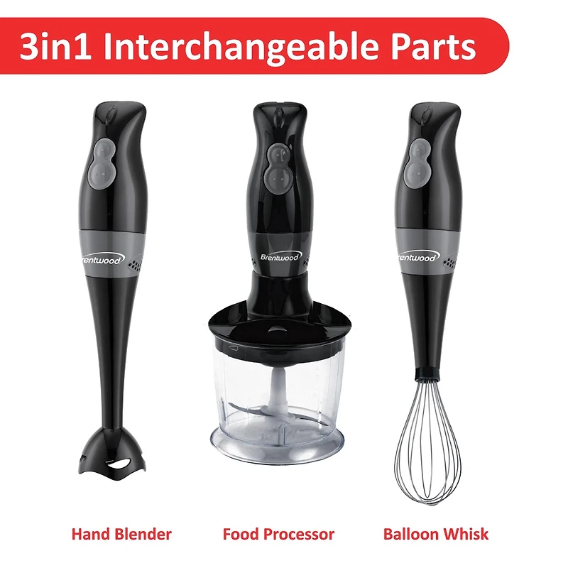 Brentwood Black 2-Speed Hand Blender & Food Processor with Balloon Whisk