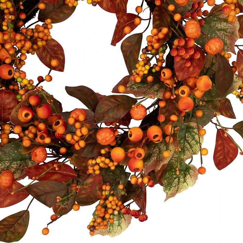24" Orange & Green Berry & Pumpkin Fall Harvest Wreath