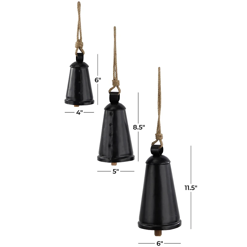 Black Metal Bohemian Decorative Cow Bell, Set of 3" 13", 10", 9"