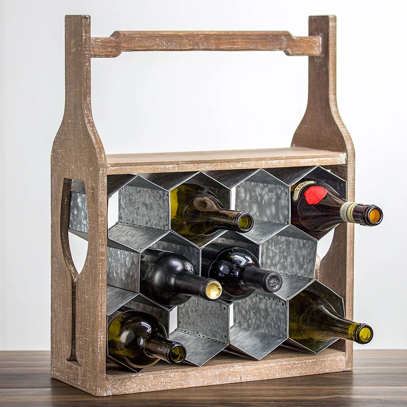 20" Rustic Wood & Metal Wine Rack with Handle