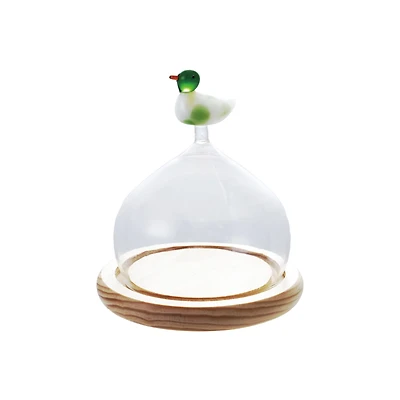 Hello Honey Glass Cloche with Wood Base and Duck Topper, Multicolor and Natural