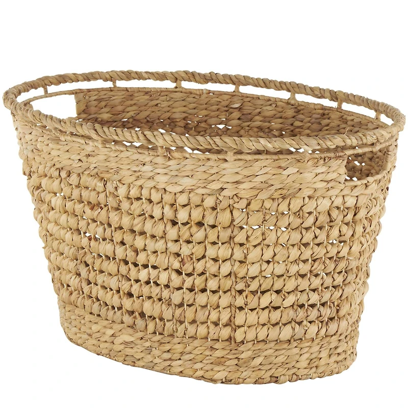 30" Brown Seagrass Handmade Woven Oval Storage Basket with Elevated Rim & Slot Handles