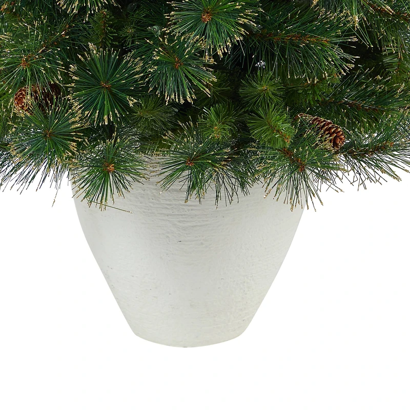 4ft. Pre-Lit Golden Tip Washington Pine with Pinecones Artificial Christmas Tree In White Planter, Clear Lights