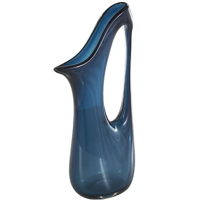 Blue Abstract Glass Vase with Cutout Handle & Elongated Opening