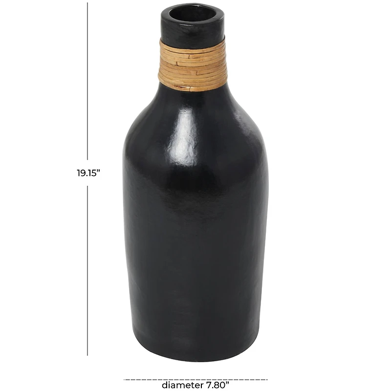 19" Black Ceramic Vase with Wrapped Rattan Detailing