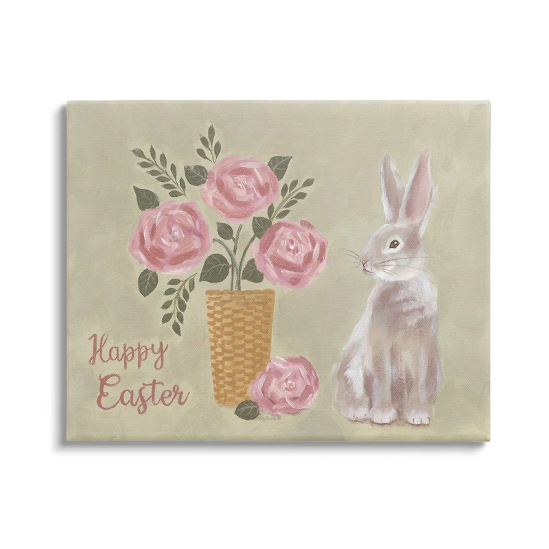 Stupell Industries Happy Easter Bunny Rose Bouquet Canvas Wall Art