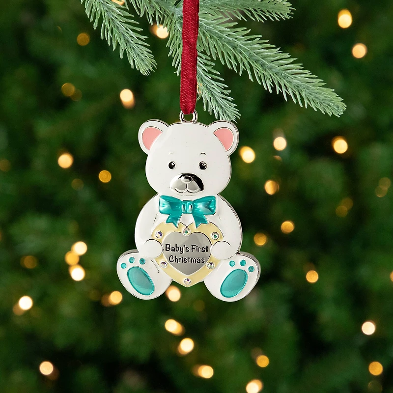 3" Pastel & Silver Plated Bear Baby's First Christmas Ornament with European Crystals