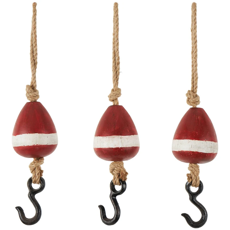Red Wood Buoy Wall Hook with Jute Rope and Metal Hook Set