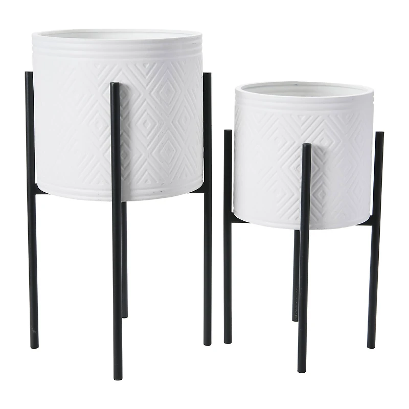 Hello Honey® White & Black Boho Embossed Metal Planters with Stands Set