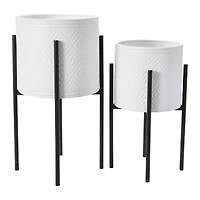 Hello Honey® White & Black Boho Embossed Metal Planters with Stands Set