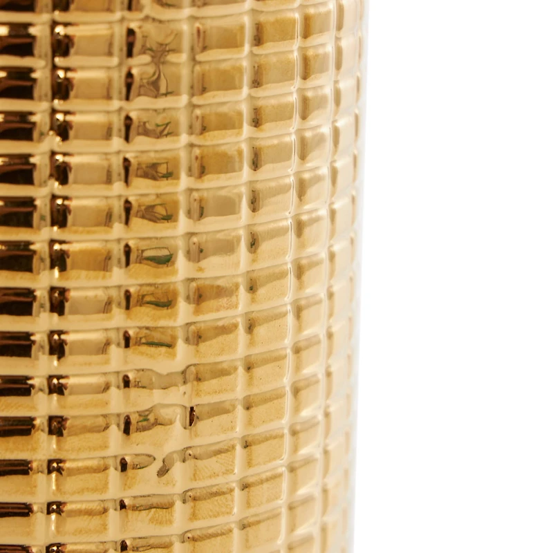 8" Gold Ceramic Geometric Dimensional Textured Vase Set with Grid Patterns