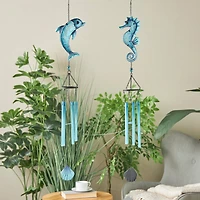 Blue Sea Life Metal Dolphin & Seahorse Windchime with Dangling Seashells Set