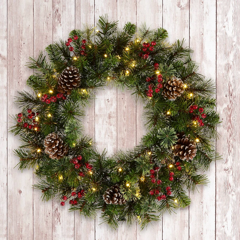 24" Iced Berry Warm White LED Pre-Lit Pine Wreath