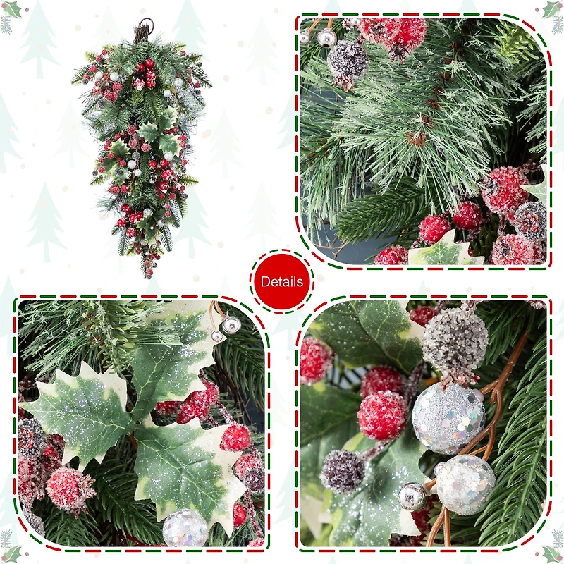 Glitzhome® 28"H Christmas Red Pomegranate Berry & Holy Leaf Teardrop