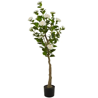 4.5ft. Green Faux Camellia Foliage Artificial Tree with Black Plastic Pot