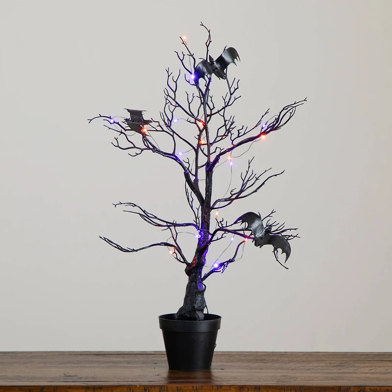 2ft. Pre-Lit Artificial Halloween Black Spooky Twig Tree with Bats and 40 Orange & Purple LED Lights