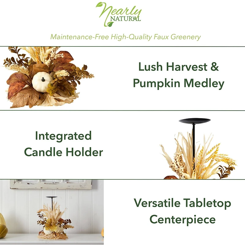 12" Autumn Harvest and Pumpkin Candle Holder Arrangement