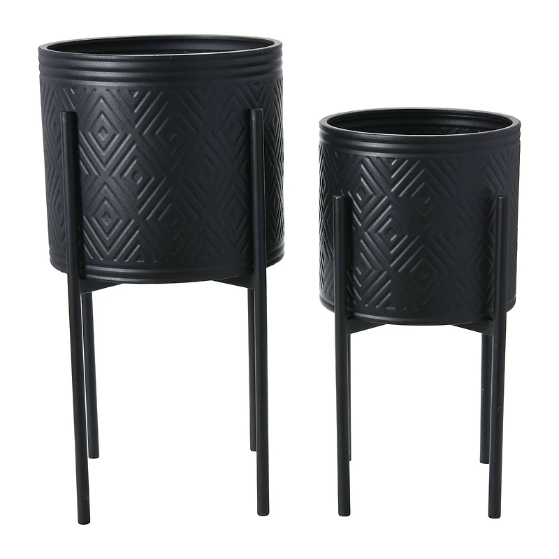 Hello Honey® Matte Black Boho Embossed Metal Planters with Stands Set