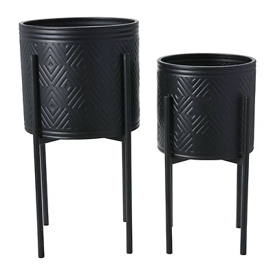 Hello Honey® Matte Black Boho Embossed Metal Planters with Stands Set