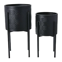 Hello Honey® Matte Black Boho Embossed Metal Planters with Stands Set