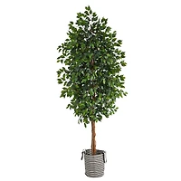 8ft. Ficus Artificial Tree in Handmade Black and White Natural Jute and Cotton Planter