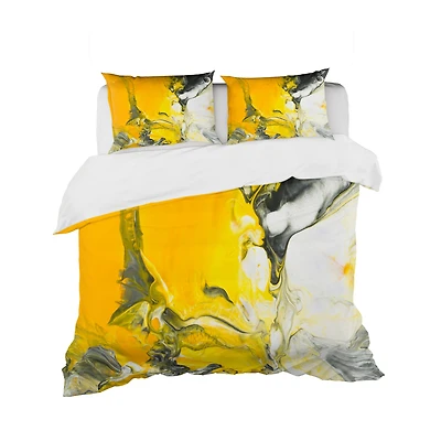 Designart 'White and Yellow Marbled Acrylic with a cloud of Black' Modern & Contemporary Bedding Set