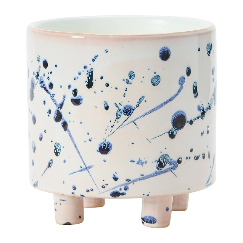 Hello Honey® 6" White & Blue Splatter Design Stoneware Footed Planter