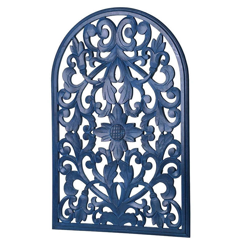 American Art Décor™ 36" Hand-Carved Arched Navy Blue Wood Wall Accent Medallion