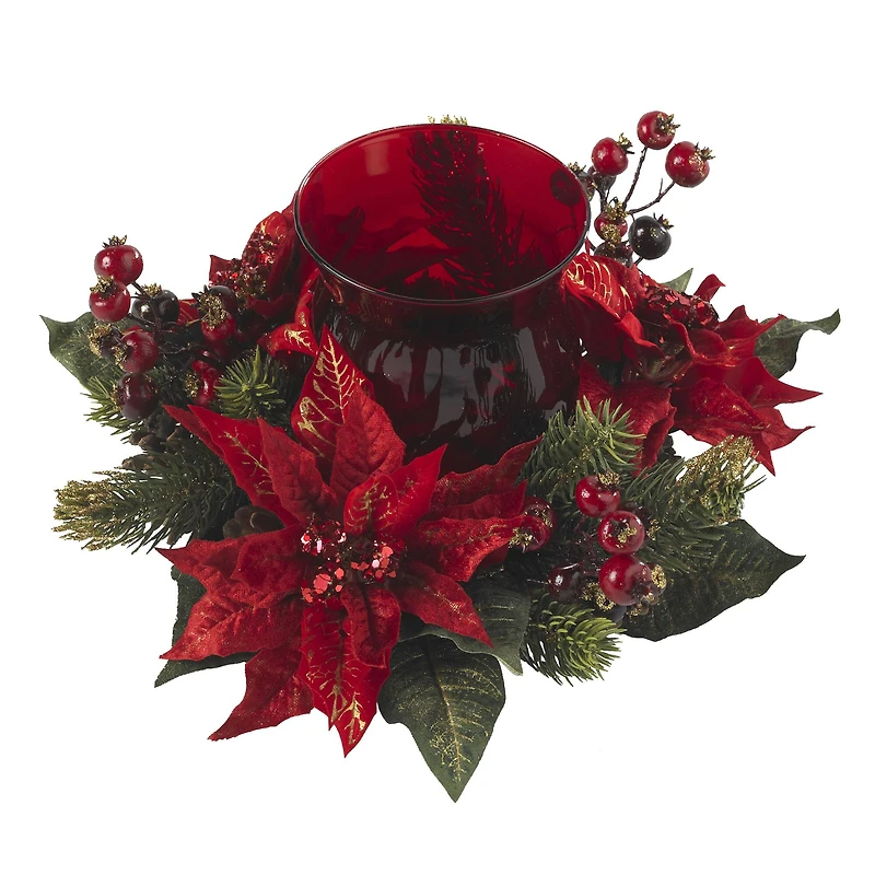 13" Poinsettia & Berry Candelabrum Artificial Arrangement