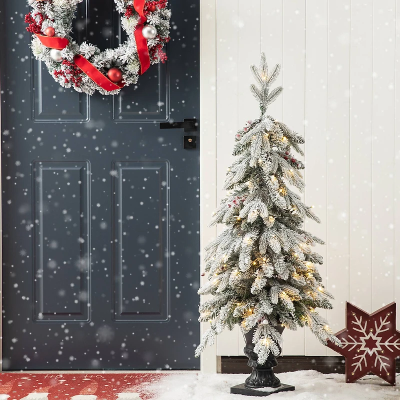 4ft. Pre-Lit Flocked Red Berry Fir Artificial Christmas Porch Tree in Urn, White Lights