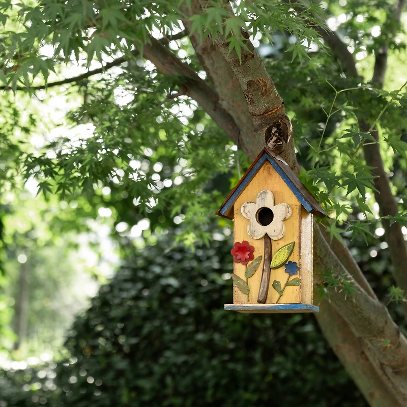 Glitzhome® Distressed Wooden Birdhouse with Flower