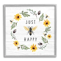 Stupell Industries Just Bee Happy Pun Phrase Yellow Daisy Wreath in Gray Frame Wall Art