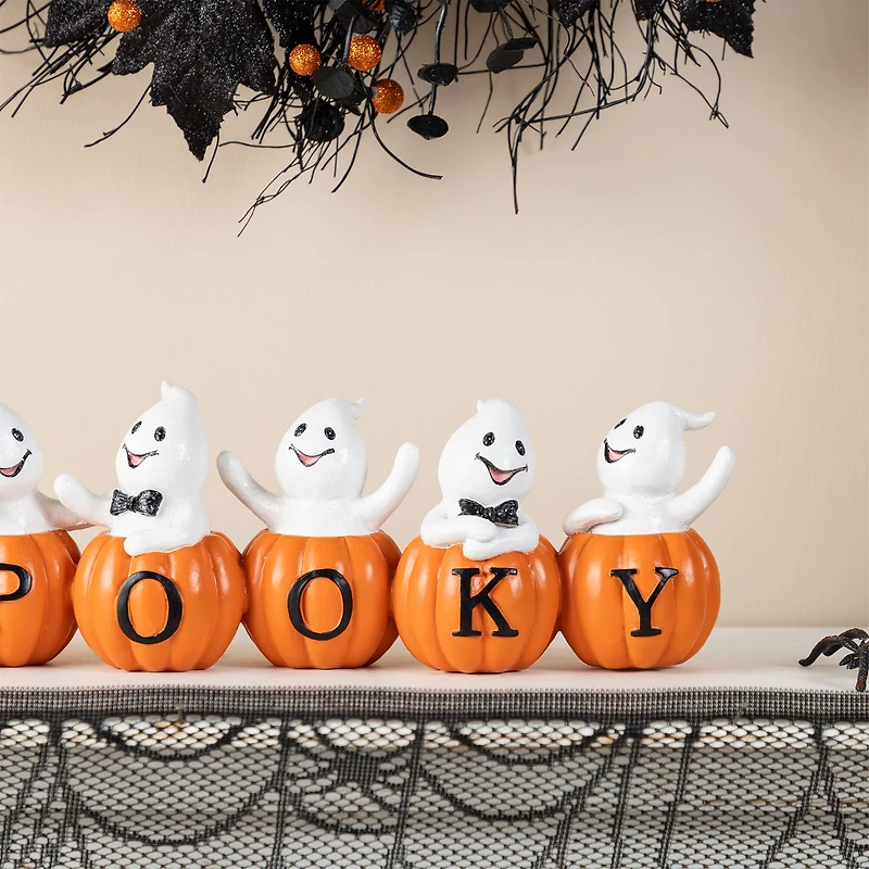 Glitzhome® 15.5"L Halloween Polyresin SPOOKY Ghost Pumpkin Table Decor