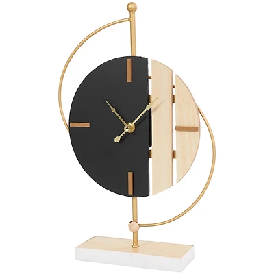 CosmoLiving by Cosmopolitan 14" Black Wooden Geometric Two-Toned Clock with Wood Accents & Gold Semicircle Frame