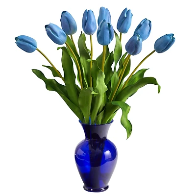 22" Light Blue Dutch Tulip Arrangement in Blue Vase