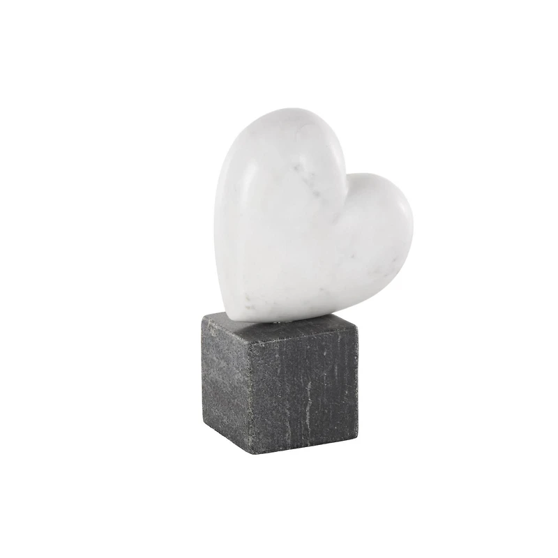 8.5" White & Black Marble Heart Slanted Sculpture with Block Base