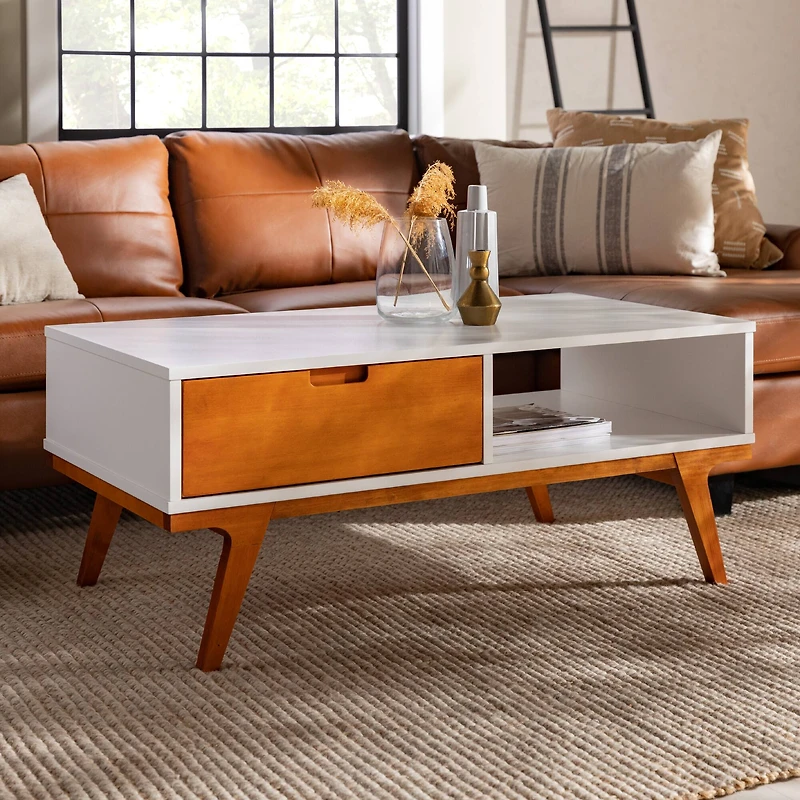 White & Caramel 1-Drawer Bridge Leg Solid Wood Coffee Table