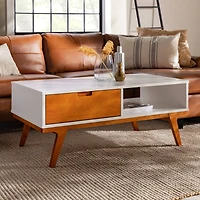 White & Caramel 1-Drawer Bridge Leg Solid Wood Coffee Table