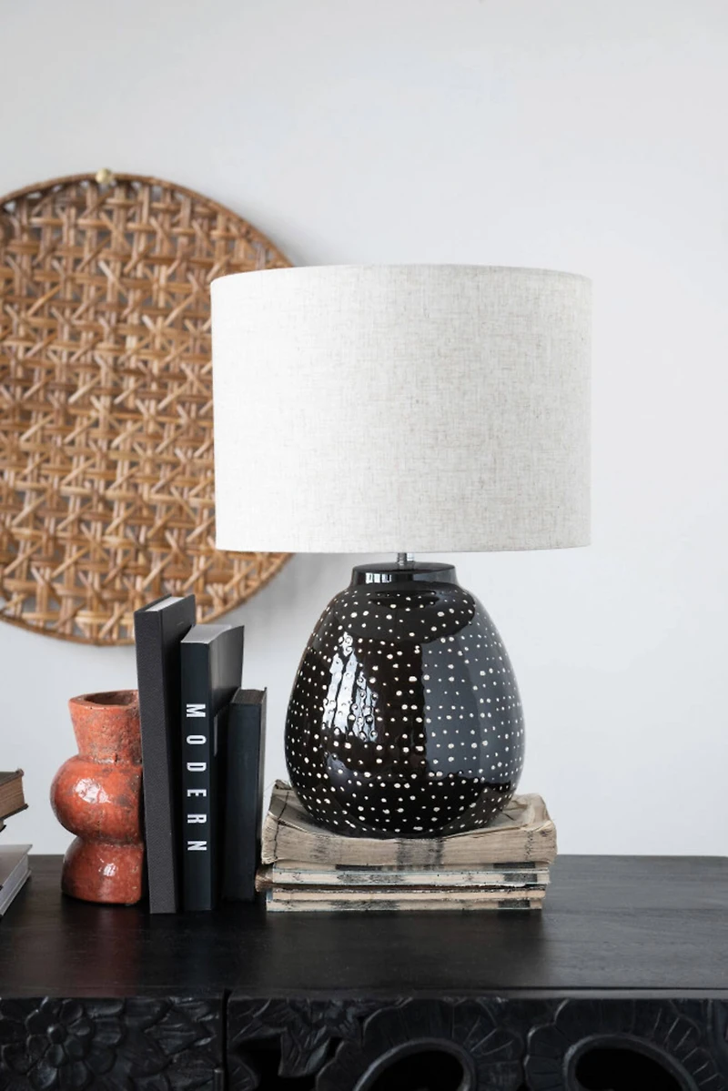 Hello Honey® 22" Black and White Dotted Stoneware Table Lamp with Linen Shade