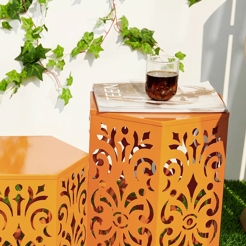 Glitzhome® Orange Floral Motif Hexagonal Garden Stool Set