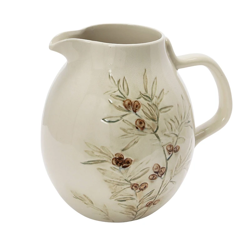 Hello Honey® 3qt. Cream & Green Olive Branch Design Debossed Stoneware Pitcher