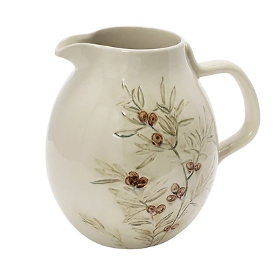 Hello Honey® 3qt. Cream & Green Olive Branch Design Debossed Stoneware Pitcher