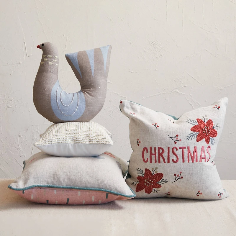 Hello Honey® 13" Natural & Blue Cotton Printed Dove Shaped Pillow
