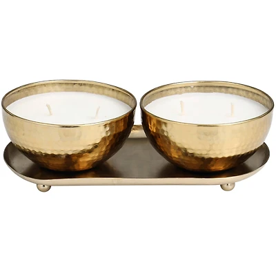 White Wax Egyptian Mint Scented Candle Set with Gold Hammered Containers and Oval Holding Tray