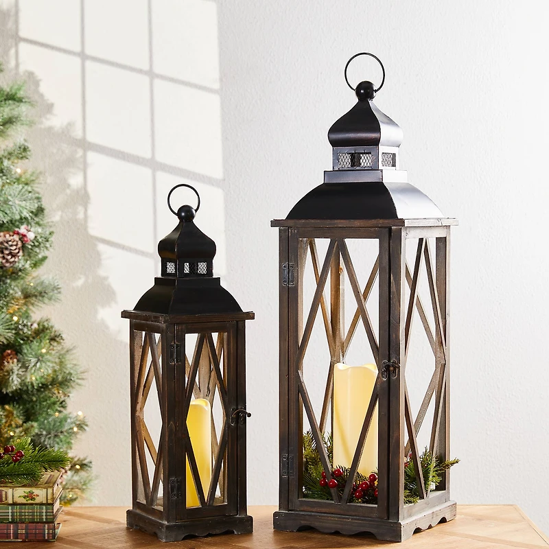 Modern Farmhouse Wooden Lantern Set, 28.5" & 20.5"
