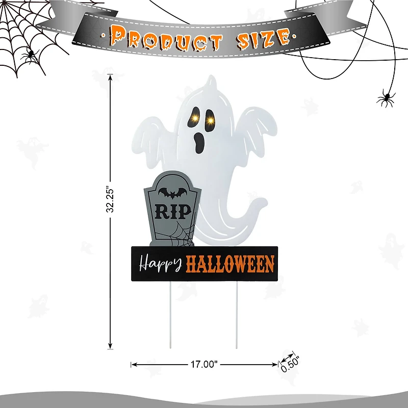 Glitzhome® 32.25"H Lighted Halloween Metal Ghost Tombstone Yard Stake with Timer