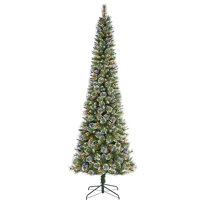 Glitzhome® 9ft Pre-Lit Frosted Cashmere Pencil Pine Artificial Christmas Tree, Multicolor LED Lights