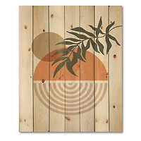 Designart - Abstract Geometrical Sun and Moon With Leaf I - Modern Print on Natural Pine Wood